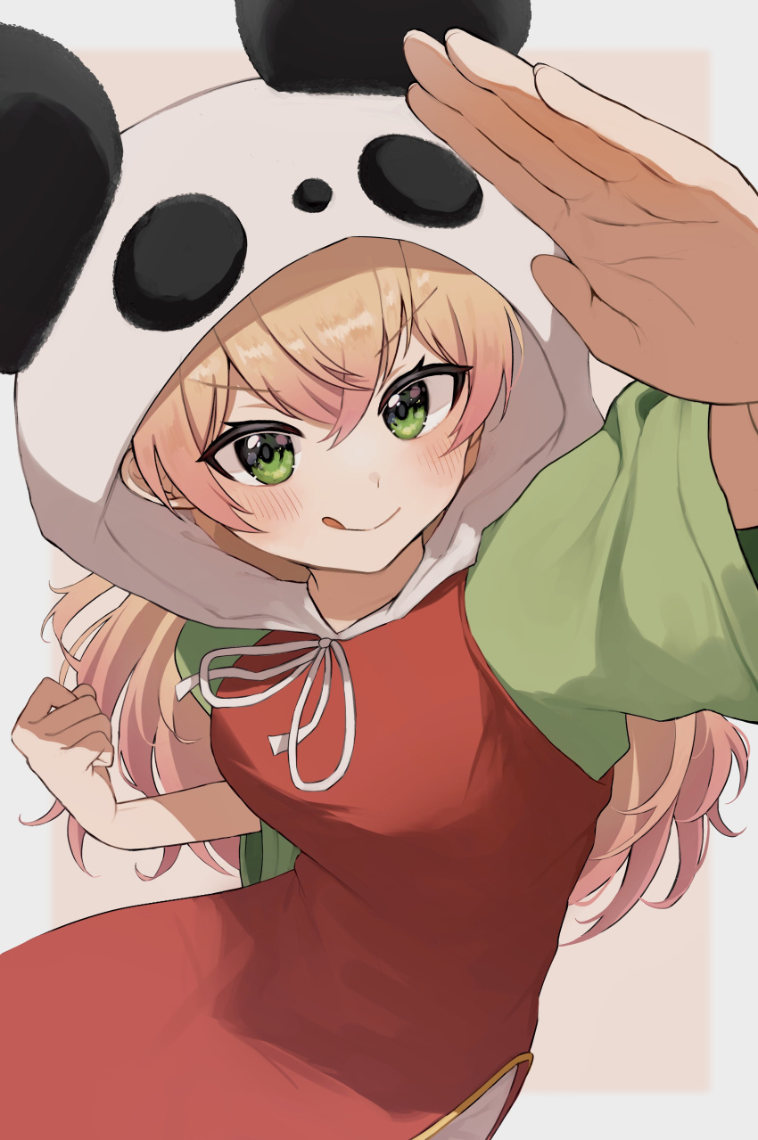 1girl :q absurdres animal_hood blonde_hair blush clenched_hand commentary_request dress fighting_stance gradient_hair green_eyes green_shirt hair_between_eyes hand_up highres hololive hood hooded_dress long_hair looking_at_viewer momosuzu_nene multicolored_hair panda_hood pinafore_dress pink_hair red_dress shirt short_sleeves side_slit sleeveless sleeveless_dress solo tongue tongue_out v-shaped_eyebrows virtual_youtuber yanoyu