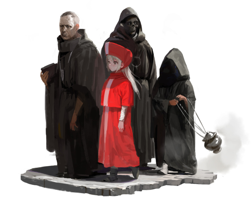 1girl 1other 2boys beard black_footwear cloak dress facial_hair full_body grey_hair hat holding hood hood_up jar long_hair looking_at_viewer mask multiple_boys nanbo_ataru_(attall) original photoshop_(medium) receding_hairline red_dress red_hat red_robe robe simple_background standing stone_floor white_background white_hair