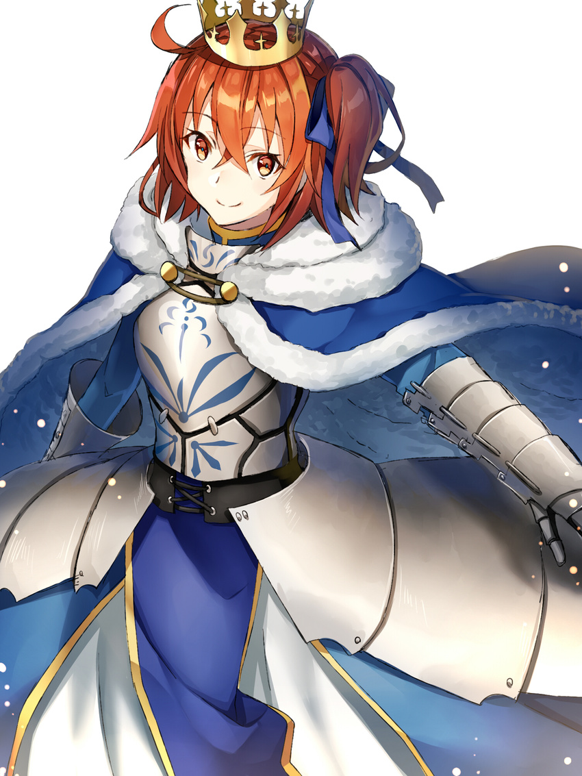 ahoge akami_fumio armor armored_dress artoria_pendragon_(all) bangs blue_cape blue_dress blue_ribbon breastplate cape closed_mouth cosplay crown dress eyebrows_visible_through_hair fate/grand_order fate/stay_night fate_(series) faulds fujimaru_ritsuka_(female) fur-trimmed_cape fur_trim gauntlets hair_between_eyes hair_ribbon highres looking_at_viewer orange_eyes orange_hair outstretched_arm ribbon saber saber_(cosplay) shiny shiny_hair side_ponytail simple_background smile solo standing tareme white_background