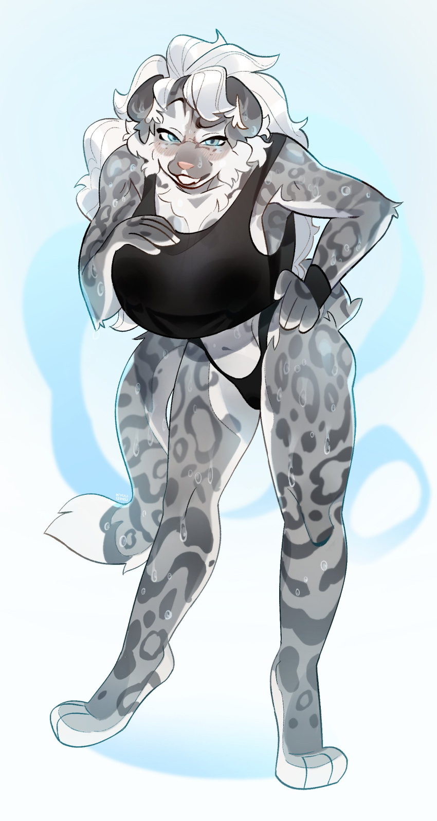 absurd_res anthro big_breasts blue_eyes breasts clothed clothing felid female fur grey_body grey_fur hair hi_res kyuuoku mammal markings pantherine simple_background snow_leopard solo spots spotted_body spotted_fur tail white_body white_fur white_hair