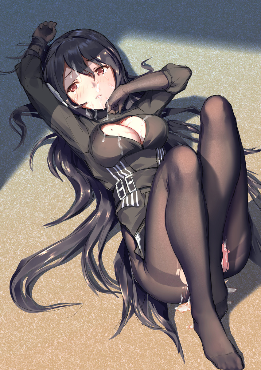 after_sex arm_up black_gloves black_hair black_legwear breasts cleavage commentary_request cum cumdrip facial gloves hair_between_eyes highres iron_saga knees_up long_hair looking_at_viewer lying medium_breasts mole mole_on_breast oboro_(iron_saga) on_back pantyhose parted_lips red_eyes solo tokinohimitsu torn_clothes torn_legwear very_long_hair