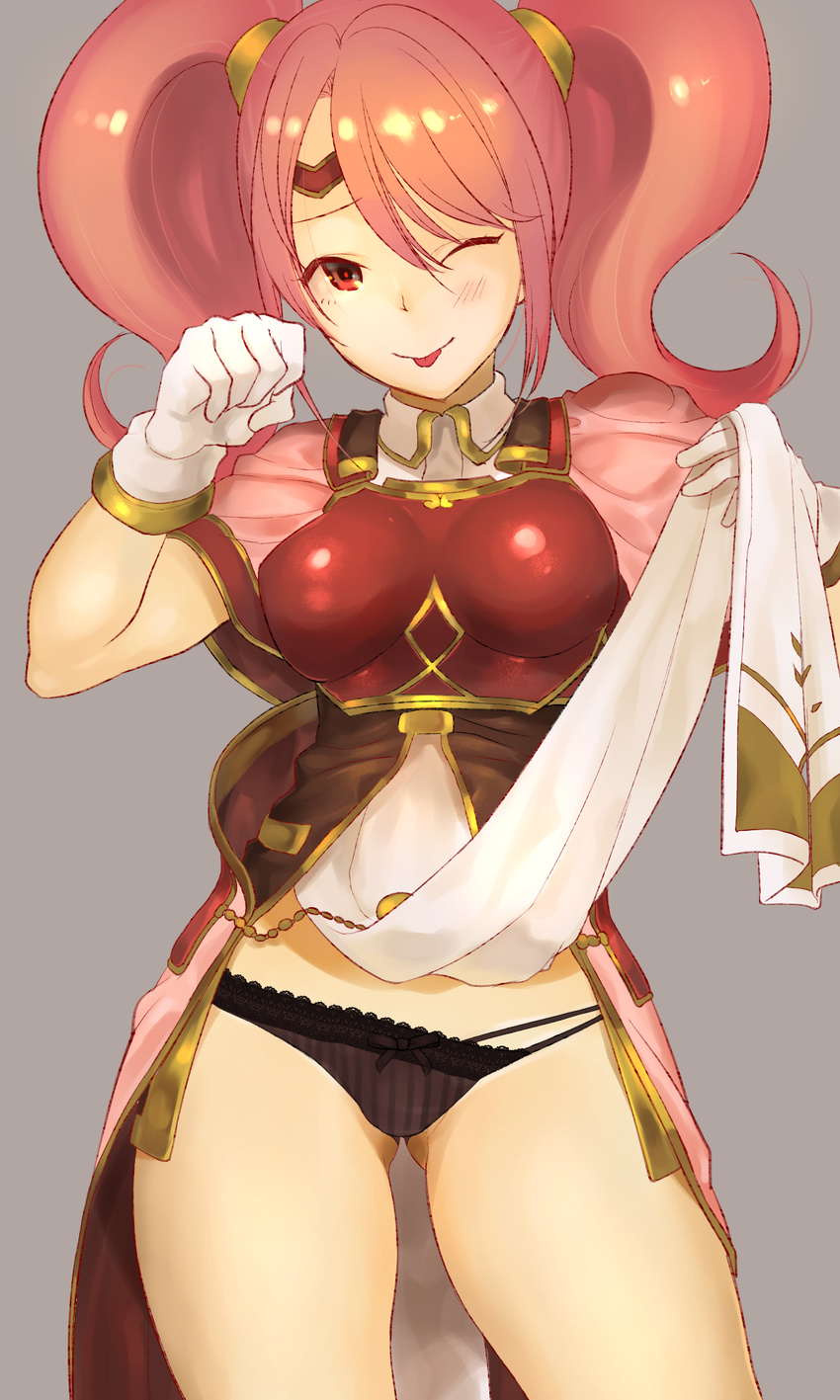 ;p ass_visible_through_thighs bare_legs blush breastplate cape circlet commentary_request cowboy_shot dress eyebrows fire_emblem fire_emblem_echoes:_mou_hitori_no_eiyuuou fire_emblem_heroes hair_between_eyes highres mae_(fire_emblem) one_eye_closed panties pink_hair red_eyes simple_background sleeveless sleeveless_dress solo tabard tabard_lift tanakananataka3 tongue tongue_out twintails underwear wardrobe_malfunction
