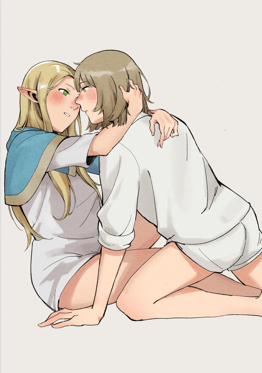 2girls absurdres arms_around_neck bare_legs blonde_hair blue_capelet blush brown_hair capelet commentary_request dungeon_meshi ear_blush elf eye_contact falin_touden falin_touden_(tallman) green_eyes grey_background highres imminent_kiss kneeling long_hair looking_at_another marcille_donato multiple_girls parted_lips pointy_ears r_bishh shirt short_hair shorts simple_background sitting sleeves_rolled_up smile white_shirt white_shorts yuri