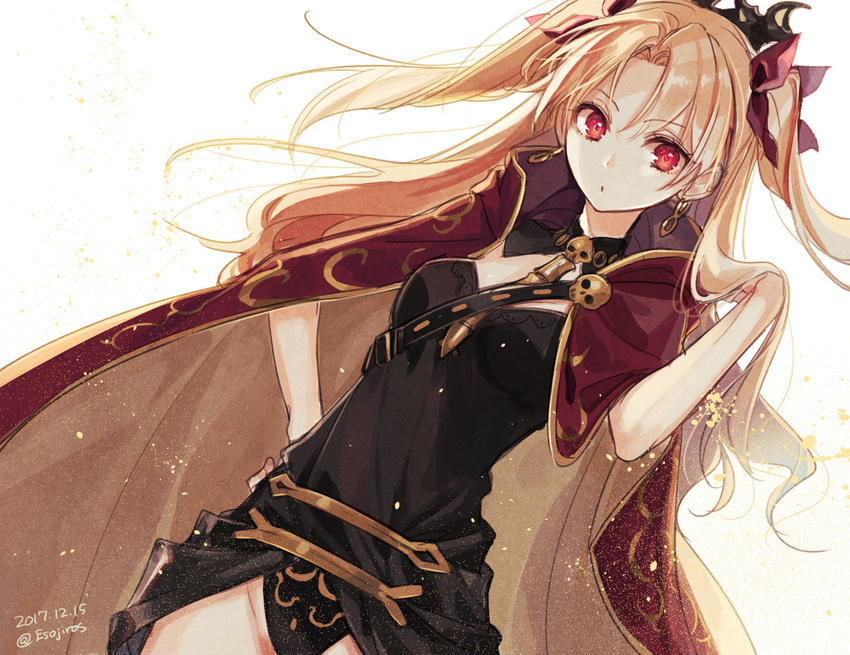 bangs between_breasts black_dress black_leotard blonde_hair bow breasts cloak commentary_request dated dress dutch_angle earrings ereshkigal_(fate/grand_order) eyebrows_visible_through_hair fate/grand_order fate_(series) hair_bow hand_in_hair hand_on_hip hand_up highres jewelry leotard long_hair looking_at_viewer minatsuki_(lapislazzuli169) parted_bangs purple_bow pursed_lips red_eyes skull small_breasts solo strap_cleavage twitter_username wavy_hair