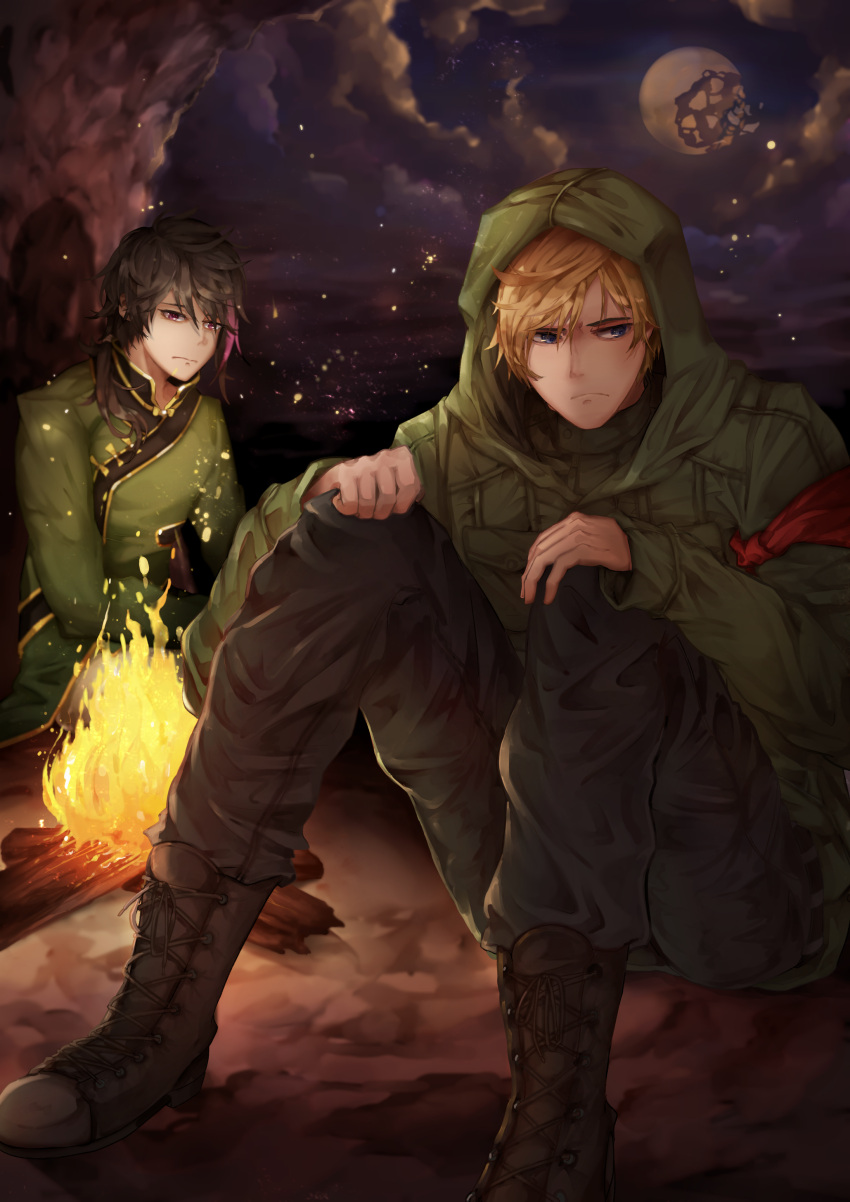 2boys absurdres bare_shoulders black_hair blonde_hair blue_eyes boots brown_footwear brown_pants campfire chinese_clothes closed_mouth cloud cloudy_sky commission english_commentary fire green_jacket highres husk57 jacket jaune_arc lie_ren long_hair long_sleeves male_focus medibang_paint_(medium) moon multiple_boys night night_sky outdoors pants pink_eyes rwby sitting sky
