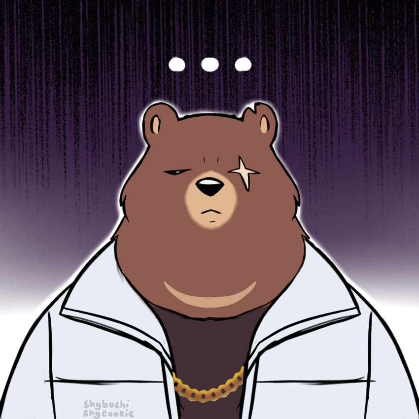 anthro bear ben_bigger black_clothing black_shirt black_topwear brown_body brown_fur chain_necklace clothed clothed_anthro clothed_male clothing ellipsis eye_scar facial_scar fur hi_res jacket jewelry male male_anthro mammal mihoyo necklace open_clothing open_jacket open_topwear scar shirt shyybuchi solo topwear white_clothing white_jacket white_topwear zenless_zone_zero