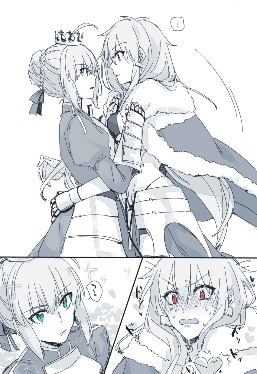 2girls 88_(einnimnech) ? ahoge arrow_through_heart artoria_pendragon_(all) blush braid cape comic crown earrings face-to-face fate/stay_night fate_(series) french_braid from_side fur_trim genderswap genderswap_(mtf) gilgamesh green_eyes hair_ribbon heart highres hug jewelry limited_palette long_hair looking_at_another multiple_girls open_mouth red_eyes ribbon saber silent_comic sparkle spoken_exclamation_mark spoken_question_mark spot_color sweat white_background yuri