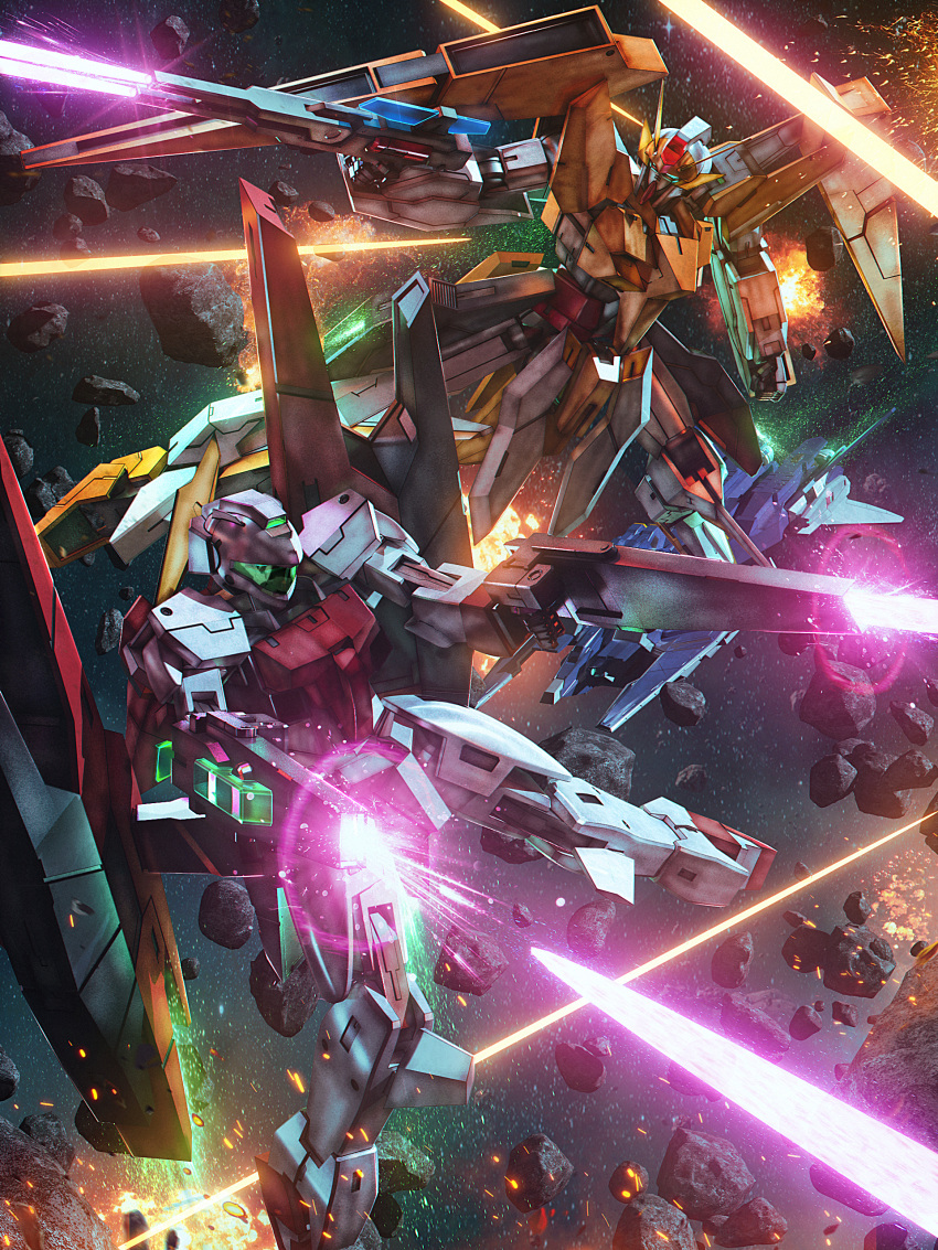 absurdres asteroid beam_rifle blue_eyes clenched_hand dual_wielding energy_gun explosion firing flying gn_archer gun gundam gundam_00 gundam_arios highres holding holding_gun holding_weapon laser legs_apart lolicon_(lolicon42051636) mecha mecha_focus mobile_suit no_humans photoshop_(medium) ptolemaios_ii_(spaceship) robot science_fiction space spacecraft sparks star_(sky) v-fin weapon