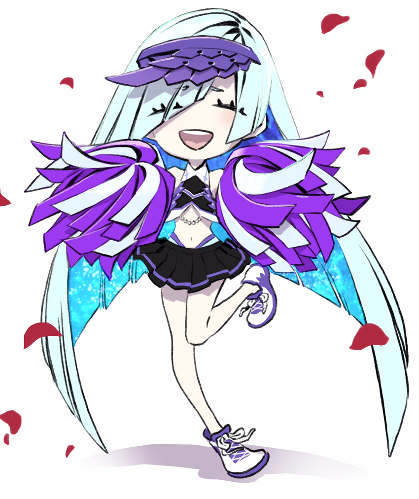 :d ^_^ asymmetrical_bangs bangs blue_hair brynhildr_(fate) cheer_for_master cheerleader closed_eyes fate/prototype fate/prototype:_fragments_of_blue_and_silver fate_(series) highres long_hair midriff miwa_shirou open_mouth pom_poms shoes smile sneakers solo standing standing_on_one_leg