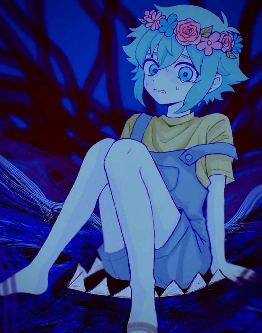 0tz026 1boy arm_support barefoot basil_(headspace)_(omori) basil_(omori) blue_overalls colored_skin flower green_eyes green_hair head_wreath highres looking_at_viewer nervous_sweating omori overall_shorts overalls parted_lips shirt short_hair short_sleeves sitting solo something_(omori) sweat white_skin yellow_shirt