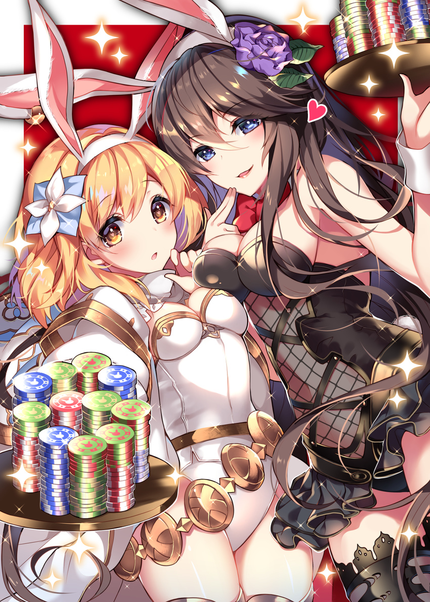 animal_ears asymmetrical_docking black_legwear black_leotard blonde_hair blue_eyes blush border bow bowtie breast_press breasts brown_eyes brown_hair bunny_ears bunny_girl bunny_tail bunnysuit detached_collar djeeta_(granblue_fantasy) eyebrows_visible_through_hair fingers_to_mouth flower granblue_fantasy hair_between_eyes hair_flower hair_ornament heart heart-shaped_pupils highres homaderi leotard long_hair looking_at_viewer medium_breasts multiple_girls outside_border parted_lips poker_chip red_background red_neckwear rosetta_(granblue_fantasy) sparkle symbol-shaped_pupils tail thighhighs tray v-shaped_eyebrows very_long_hair white_legwear white_leotard wrist_cuffs