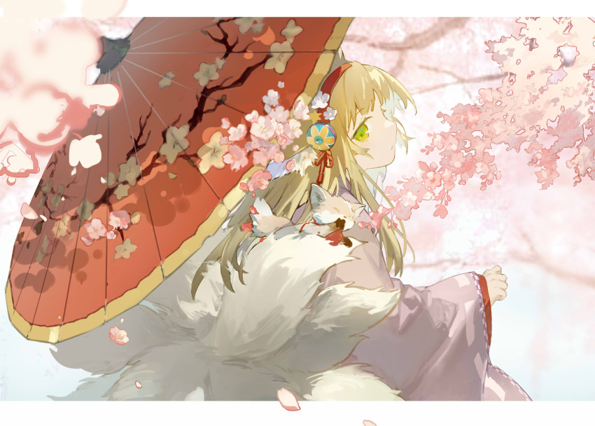 1girl animal_on_shoulder arknights blonde_hair blurry blurry_foreground cherry_blossoms commentary flower fox fox_tail frown green_eyes hair_flower hair_ornament hairband highres holding holding_umbrella japanese_clothes kimono letterboxed looking_at_viewer looking_back multiple_tails oil-paper_umbrella open_mouth pink_kimono red_hairband suzuran_(arknights) suzuran_(yukibare)_(arknights) symbol-only_commentary tail umbrella upper_body usachi