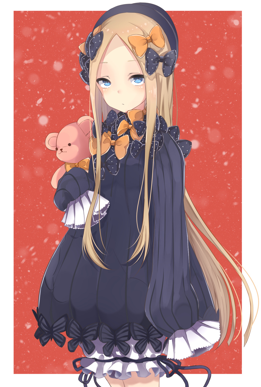 abigail_williams_(fate/grand_order) arm_at_side bangs black_bow black_dress black_hat blonde_hair bloomers blue_eyes blush bow bug butterfly closed_mouth commentary dress fate/grand_order fate_(series) forehead hair_bow hat highres insect kokiri_miki long_hair long_sleeves looking_at_viewer object_hug orange_bow parted_bangs polka_dot polka_dot_bow sleeves_past_fingers sleeves_past_wrists solo stuffed_animal stuffed_toy teddy_bear underwear very_long_hair white_bloomers