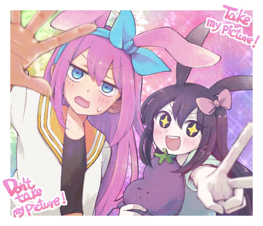 +_+ 2girls aubrey_(faraway)_(omori) aubrey_(omori) blue_eyes blue_shirt blush bow colored_skin crop_top doroidsan dual_persona hair_bow hairband holding holding_stuffed_toy jacket long_hair multiple_girls omori open_mouth pink_bow pink_hair purple_eyes purple_hair shirt smile stuffed_eggplant stuffed_toy teeth upper_teeth_only v white_jacket white_skin