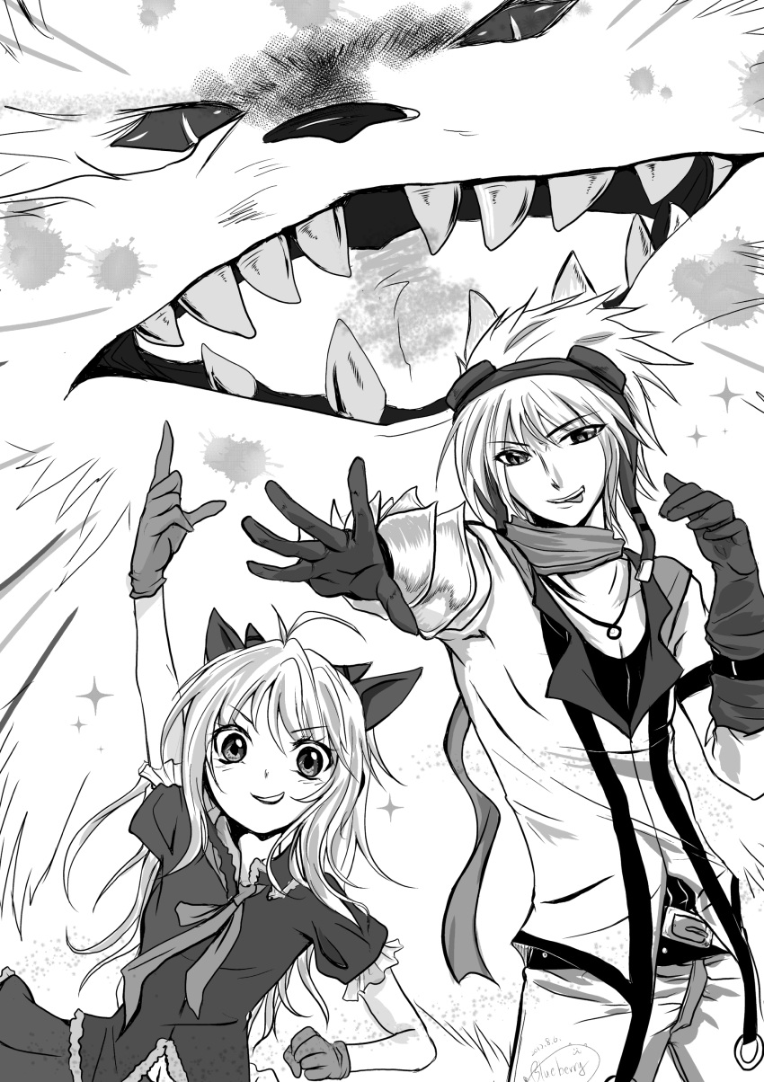 1boy 1girl absurdres animal_ears annie_(league_of_legends) antenna_hair arm_up bear belt blush cat_ears chinese_commentary commentary_request cowboy_shot ezreal frilled_sleeves frills gloves goggles goggles_on_head greyscale highres index_finger_raised lanmei_jiang league_of_legends long_hair looking_at_viewer medium_bangs monochrome open_mouth scarf shirt short_hair skirt smile tibbers