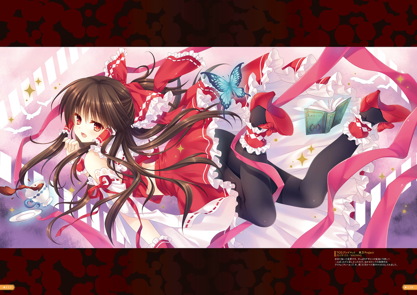 :d ankle_cuffs black_legwear book bow brown_hair bug butterfly detached_sleeves eyebrows_visible_through_hair floating_hair frilled_skirt frills full_body hair_between_eyes hair_bow hair_tubes hakurei_reimu high_heels highres insect long_hair looking_at_viewer midriff open_book open_mouth pantyhose pink_ribbon red_bow red_eyes red_footwear red_ribbon red_shirt red_skirt ribbon ribbon-trimmed_sleeves ribbon_trim shirt skirt smile solo tatekawa_mako touhou very_long_hair wrist_cuffs