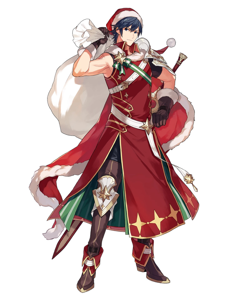 armor asymmetrical_sleeves bangs blue_eyes blue_hair boots cape ebira falchion_(fire_emblem) fire_emblem fire_emblem:_kakusei fire_emblem_heroes full_body fur_trim gloves hand_on_hip hat highres holding krom looking_at_viewer male_focus official_art pants sack santa_costume santa_hat shoulder_armor sleeveless solo sword tattoo thigh_boots thighhighs transparent_background weapon