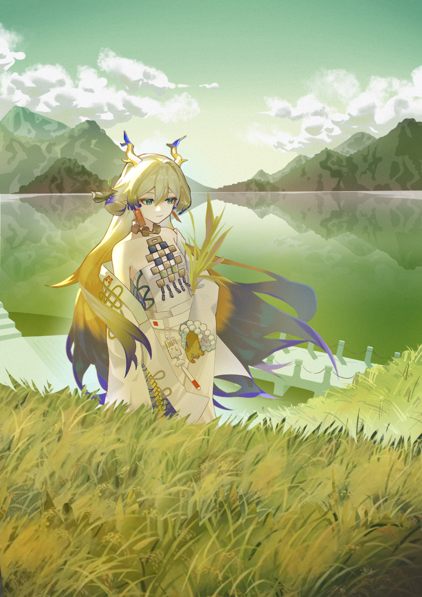 1girl absurdres arknights blonde_hair blue_hair chinese_commentary cloud coat commentary_request dock e-razor earrings eyeshadow field green_eyes green_sky highres holding holding_plant horns jewelry long_hair looking_to_the_side makeup mountainous_horizon multicolored_hair necklace outdoors pants plant red_eyeshadow rice_paddy shirt shu_(arknights) sleeveless sleeveless_shirt solo tassel tassel_earrings water white_coat white_pants white_shirt