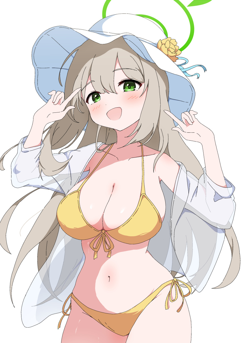 1girl absurdres bikini blue_archive breasts cleavage flower front-tie_bikini_top front-tie_top green_eyes green_halo halo hat hat_flower highres index_fingers_raised large_breasts light_brown_hair long_hair looking_at_viewer nonomi_(blue_archive) nonomi_(swimsuit)_(blue_archive) official_alternate_costume side-tie_bikini_bottom simple_background smile solo sun_hat swimsuit white_background white_hat yellow_bikini yukin_(yukin8210)