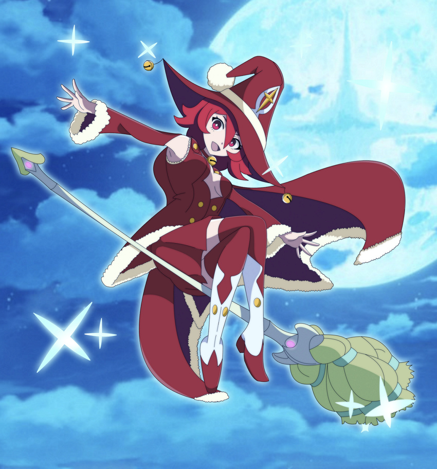 armpits bell breasts broom broom_riding cape christmas full_body fur_trim hat highres jingle_bell little_witch_academia looking_at_viewer moon night open_mouth red_eyes red_hair shiny_chariot showers-u sidesaddle sky small_breasts solo witch_hat
