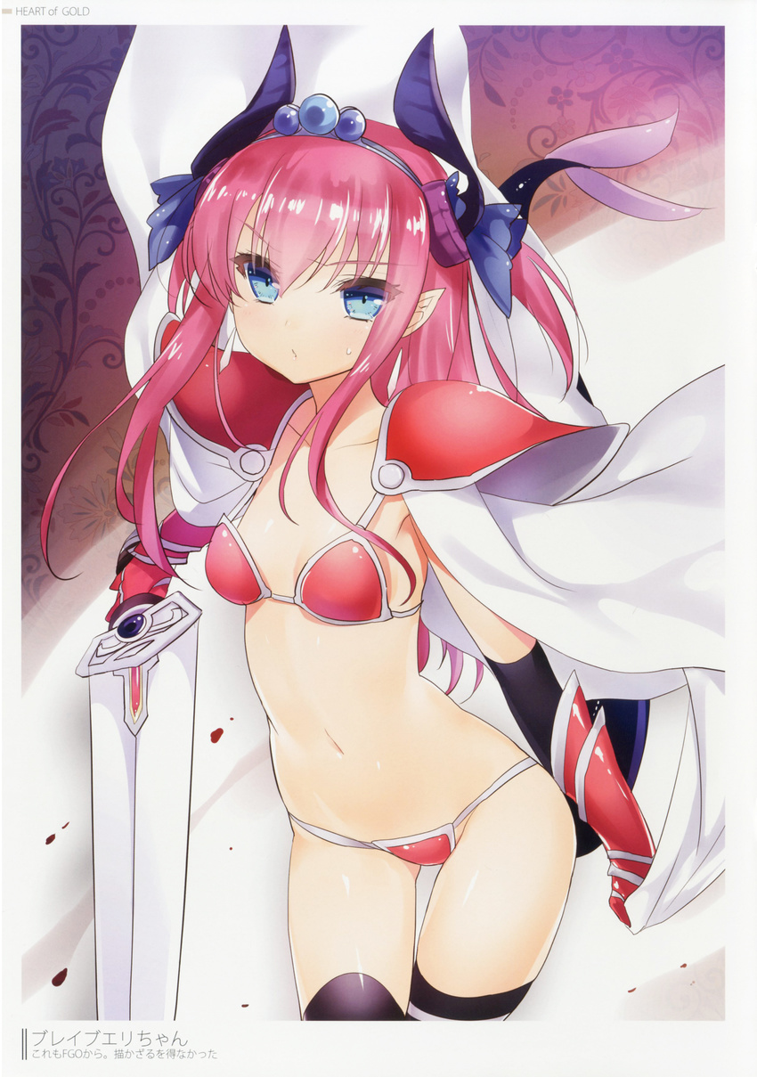 47agdragon absurdres armor bangs bikini bikini_armor black_legwear blue_eyes blue_ribbon blush breasts broadsword cape curled_horns elizabeth_bathory_(brave)_(fate) elizabeth_bathory_(fate)_(all) eyebrows_visible_through_hair fate/grand_order fate_(series) flat_chest gauntlets hair_ornament hair_ribbon highres holding holding_sword holding_weapon horns long_hair looking_at_viewer loose_bikini navel oversized_clothes pauldrons pink_hair pointy_ears red_bikini ribbon scan silver_trim simple_background small_breasts solo string_bikini sweat sweatdrop swimsuit sword thighhighs tiara two_side_up vambraces weapon white_cape