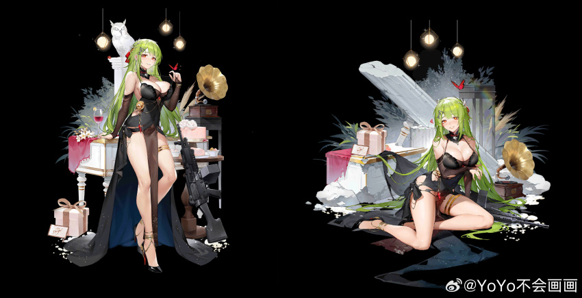 1girl absurdres anklet arm_under_breasts bare_legs bare_shoulders bird black_background black_bridal_gauntlets black_dress black_footwear box breasts bridal_gauntlets bug butterfly butterfly_on_hand cake cleavage cup detached_collar dress drinking_glass evening_gown faux_figurine flower food full_body gift gift_box girls'_frontline green_hair grin gun hair_ornament hanging_light high_heels highres impossible_clothes impossible_dress jewelry large_breasts long_hair looking_at_viewer machine_gun mk48 mk48_(girls'_frontline) multiple_views official_alternate_costume official_art owl pelvic_curtain phonograph pillar plant red_butterfly red_eyes red_wine sitting sleeveless sleeveless_dress smile spaghetti_strap standing strap_pull table teeth thighlet torn_bridal_gautlets torn_clothes torn_dress weapon weibo_logo weibo_watermark white_flower wine_glass yokozuwari yoyo_(550098)