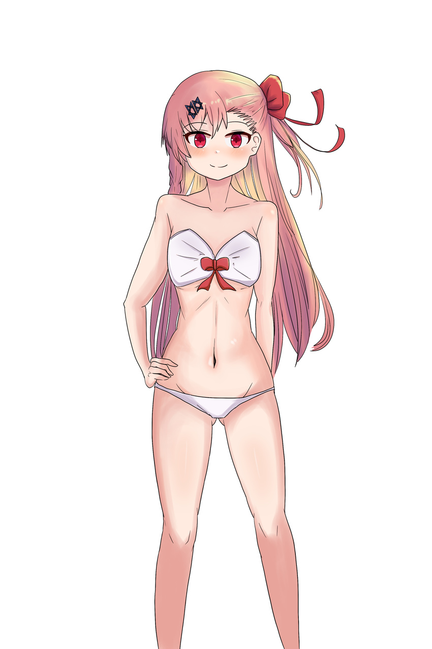 absurdres alternate_costume arm_behind_back ass_visible_through_thighs asymmetrical_hair bangs bare_legs bikini blush bow braid breasts collarbone commentary_request eyebrows_visible_through_hair girls_frontline hair_between_eyes hair_bow hair_ornament hair_ribbon hairclip hand_on_hip hexagram highres kurunu long_hair looking_at_viewer medium_breasts navel negev_(girls_frontline) pink_hair red_bow red_eyes ribbon ribbon-trimmed_bra ribs smile solo standing star_of_david stomach swimsuit transparent_background