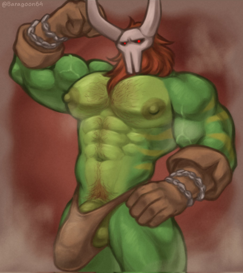 abs anthro balls baragoon64 big_arms big_pecs big_penis body_hair bone bulge chest_hair clothed clothing flaccid flexing genitals gloves glowing glowing_eyes green_body hair handwear happy_trail hi_res ineffective_clothing looking_at_viewer male muscular muscular_male navel partially_clothed pecs penis pubes red_background red_eyes red_hair simple_background skull solo speedo swimwear topless unknown_species