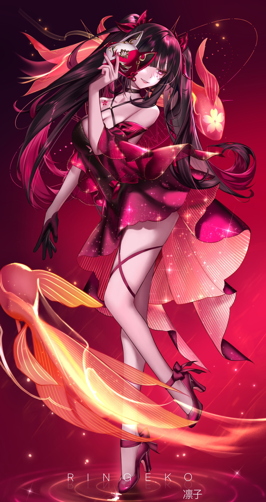1girl absurdres artist_name bare_shoulders black_gloves black_hair blunt_bangs breasts butterfly-shaped_pupils cherry_blossom_print cleavage commentary_request detached_sleeves dress fingernails floral_print flower_tattoo fox_mask full_body gloves hair_ornament high_heels highres holding holding_mask honkai:_star_rail honkai_(series) koi lips long_hair looking_to_the_side mask mole mole_under_each_eye mole_under_eye multiple_moles nail_polish pink_eyes red_background red_dress red_footwear red_nails red_theme ringeko-chan simple_background single_glove skindentation sleeveless sleeveless_dress smile solo sparkle sparkle_(honkai:_star_rail) symbol-shaped_pupils tattoo thighs twintails very_long_hair wide_sleeves