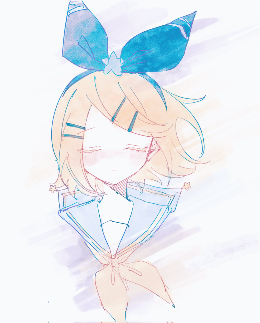 1girl blonde_hair blue_bow blue_hairband bow bow_hairband closed_eyes closed_mouth colored_eyelashes eob grey_sailor_collar hair_ornament hairband hairclip highres kagamine_rin light_blush medium_hair neckerchief sailor_collar sketch solo star_(symbol) star_hair_ornament swept_bangs upper_body vocaloid yellow_neckerchief