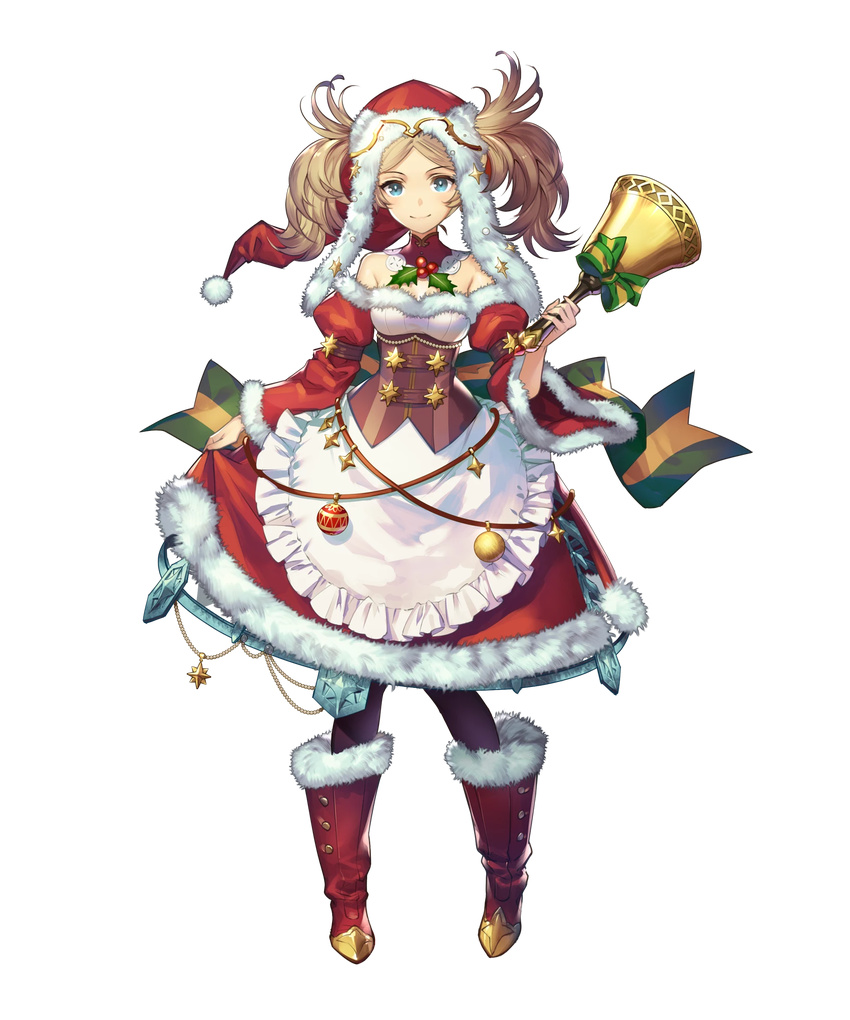 apron bangs bell blonde_hair blue_eyes boots breasts detached_collar dress fire_emblem fire_emblem:_kakusei fire_emblem_heroes frills full_body fur_trim hat highres holding knee_boots liz_(fire_emblem) long_sleeves looking_at_viewer medium_breasts official_art pantyhose pom_pom_(clothes) red_dress ribbon santa_costume skirt_hold solo strapless strapless_dress transparent_background twintails umiu_geso wide_sleeves