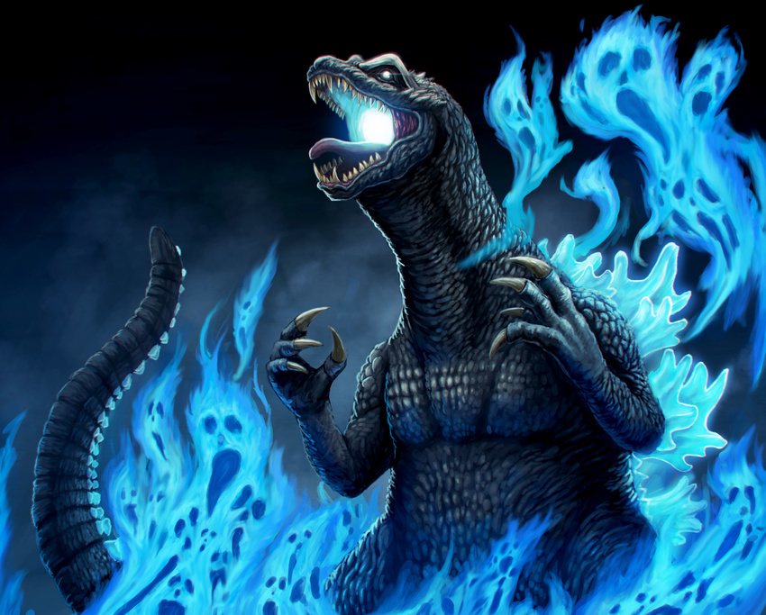 claws commentary_request dinosaur energy epic fire ghost giant_monster glowing glowing_eyes godzilla godzilla_(series) highres kaijuu monster no_humans open_mouth possessed sharp_teeth solo tail teeth tomoaki55500013 white_eyes