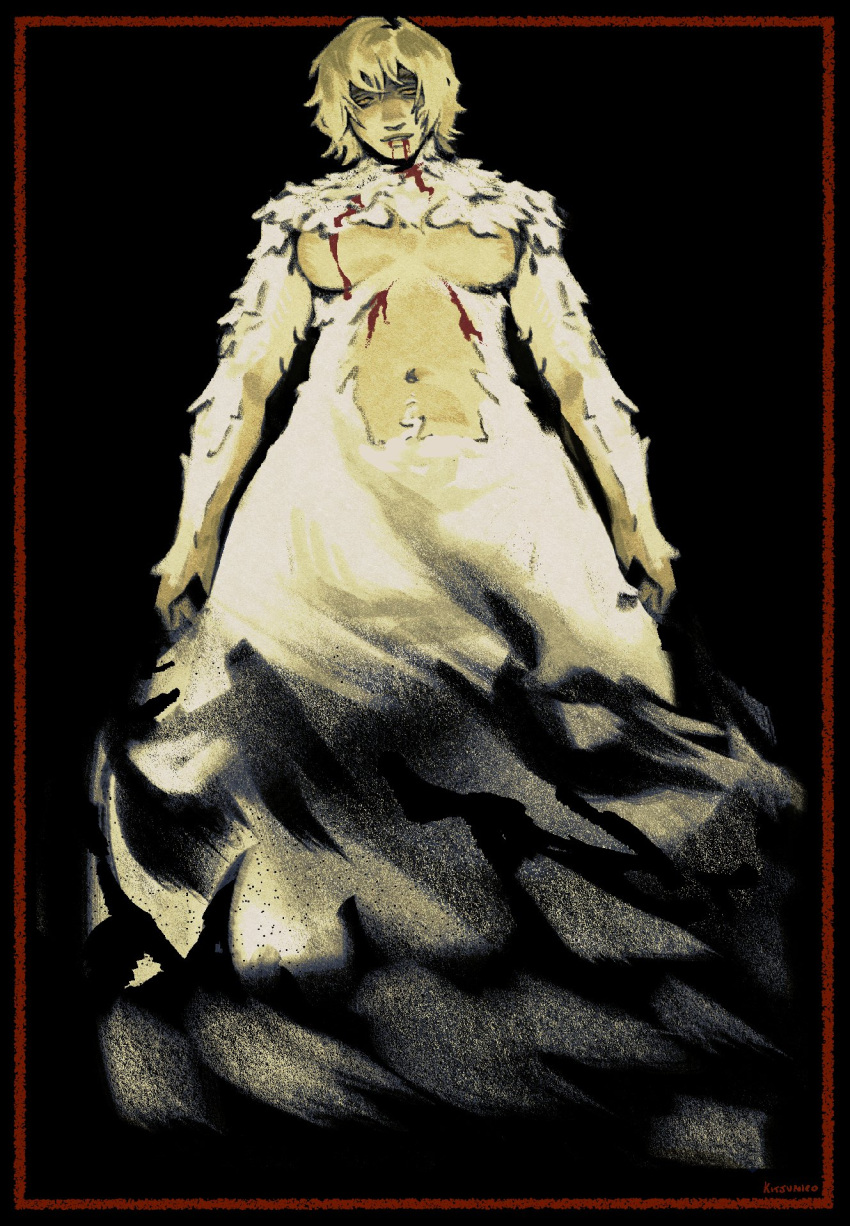artist_name black_background blonde_hair blood blood_from_mouth blood_on_chest border breasts commentary dungeon_meshi falin_touden falin_touden_(chimera) feathers highres kitsunic0 looking_at_viewer medium_breasts red_border sanpaku short_hair simple_background upper_body yellow_eyes