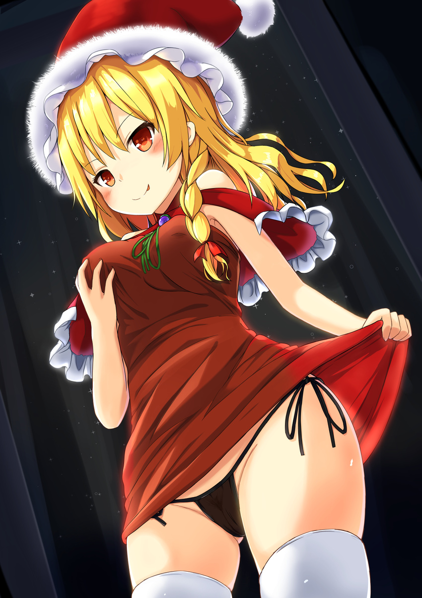 alternate_costume bangs bare_arms black_panties blonde_hair bluekalmia bow braid breasts capelet closed_mouth dress hair_bow hat highres kirisame_marisa licking_lips long_hair looking_at_viewer medium_breasts panties red_bow red_capelet red_dress red_eyes red_hat santa_costume santa_hat self_fondle short_dress side-tie_panties side_braid smile solo standing thighhighs tongue tongue_out touhou underwear white_legwear