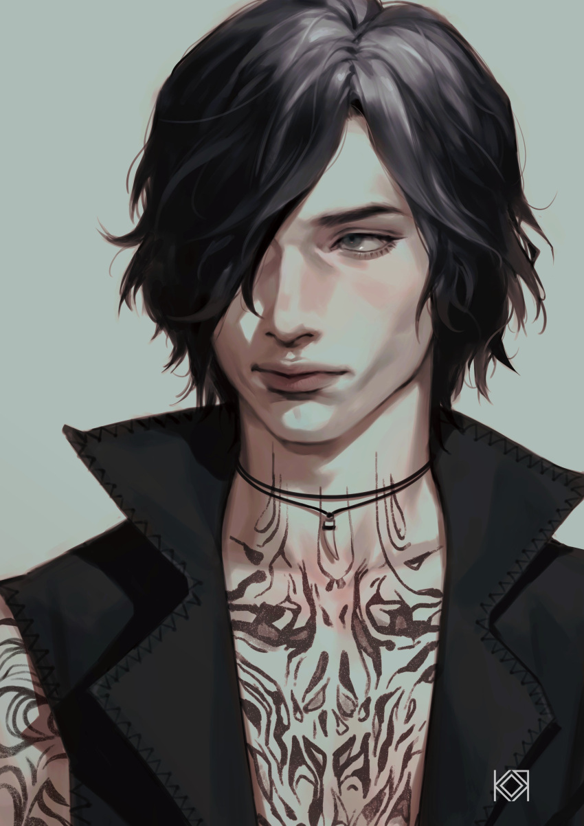 1boy absurdres black_hair closed_mouth devil_may_cry_(series) devil_may_cry_5 full-body_tattoo hair_over_one_eye highres koro_dou pale_skin simple_background solo tattoo v_(devil_may_cry)