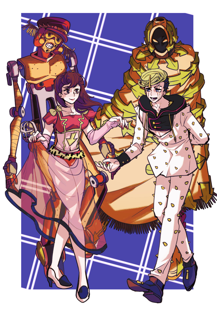 1boy 1girl 2others absurdres awaking_iii_leaves blue_background border brown_hair checkered_background clothes_lift couple facial_mark green_hair higashikata_jobin higashikata_mitsuba highres husband_and_wife jojo_no_kimyou_na_bouken jojolion multiple_others outstretched_hand skirt skirt_lift speed_king stand_(jojo) swampland