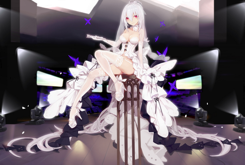 ahoge arm_at_side bare_shoulders breasts choker cleavage closed_mouth dress elbow_gloves full_body garter_straps gloves hair_between_eyes high_heels highres kiwamu large_breasts long_hair looking_at_viewer md5_mismatch microphone mikumikudance navel ponytail red_eyes sidelocks sitting smile solo stool strapless strapless_dress string_panties thighhighs veil vocaloid white_dress white_gloves white_legwear yowane_haku