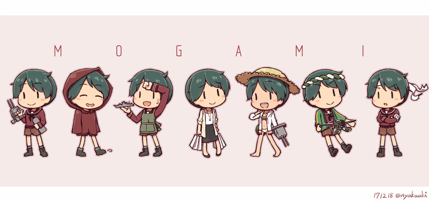 aircraft apron armband bag bangs blue_hair boots cannon casual character_name commentary_request dated dress flight_deck green_hair happi hat headband japanese_clothes jewelry kantai_collection long_sleeves machinery mogami_(kantai_collection) nakaaki_masashi necklace pendant poncho ship shirt shopping_bag short_hair shorts sun_hat swept_bangs swimsuit turret twitter_username watercraft |_|