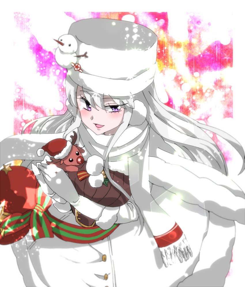 :d azur_lane bangs belt belt_buckle black_belt black_shirt blurry blush breasts buckle buttons christmas depth_of_field earmuffs enterprise_(azur_lane) eyebrows eyebrows_visible_through_hair eyelashes fur_hat gloves hair_between_eyes hands_together hat hat_ornament highres kumako_(kuma8j) leaf lips long_hair looking_away looking_to_the_side medium_breasts open_mouth pink_lips pom_pom_(clothes) purple_eyes reindeer ribbed_shirt ribbon santa_hat scarf shirt sidelocks skirt smile snowman solo star straight_hair tongue uneven_eyes ushanka white white_gloves white_hair white_hat white_scarf white_skirt
