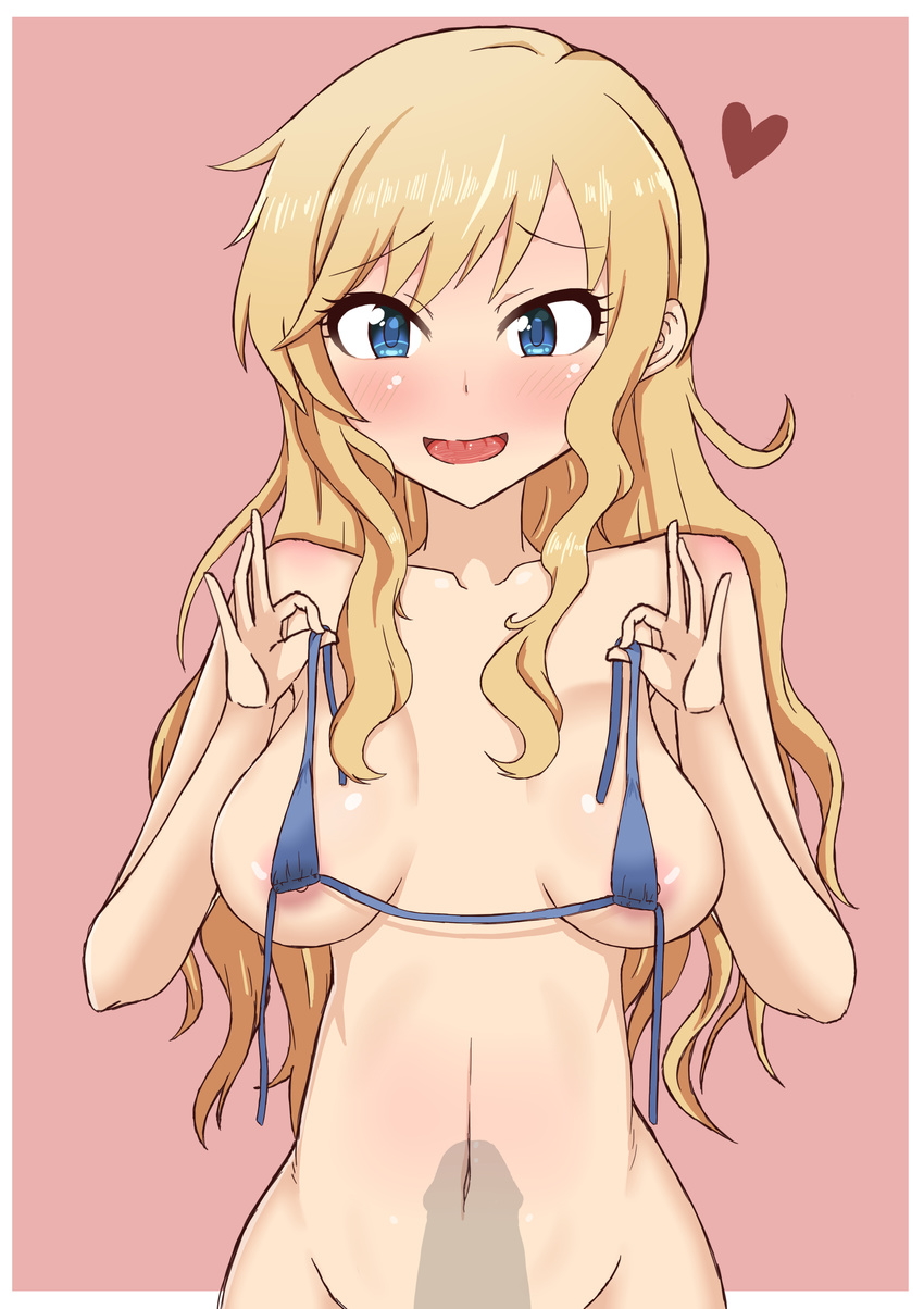 1girl areolae artist_request bikini blonde_hair blue_bikini blue_eye blush breasts erection heart holding holding_bikini_top idolmaster idolmaster_cinderella_girls long_hair looking_at_viewer medium_breasts micro_bikini nipples nude ootsuki_yui open_mouth out-of-frame_censoring penis_awe penis_silhouette pink_background shadow silhouette simple_background smile solo standing