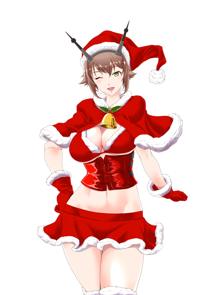 alternate_costume bell bra breasts brown_hair capelet cleavage cowboy_shot eyebrows_visible_through_hair gloves green_eyes hat headgear highres kantai_collection kiriki_haruomi large_breasts looking_at_viewer midriff mutsu_(kantai_collection) navel one_eye_closed open_mouth red_bra red_gloves red_skirt santa_hat short_hair simple_background skirt solo thighs underwear white_background