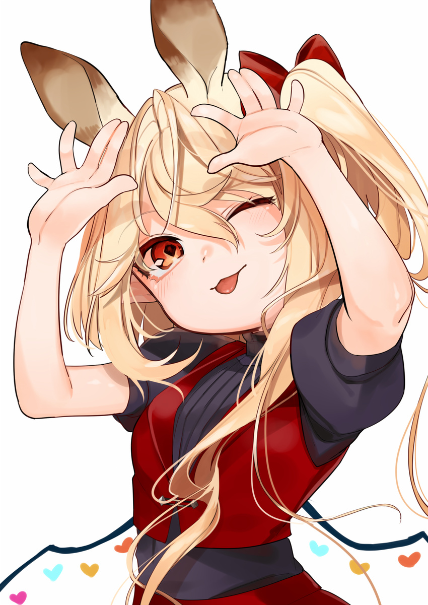 ;p alternate_costume animal_ears bare_arms blonde_hair bow bunny_ears commentary_request eyebrows_visible_through_hair flandre_scarlet gotoh510 hair_between_eyes hair_bow hands_up heart highres kemonomimi_mode long_hair looking_at_viewer one_eye_closed puffy_short_sleeves puffy_sleeves red_bow red_eyes short_sleeves side_ponytail simple_background smile solo star tongue tongue_out touhou upper_body vest white_background wings