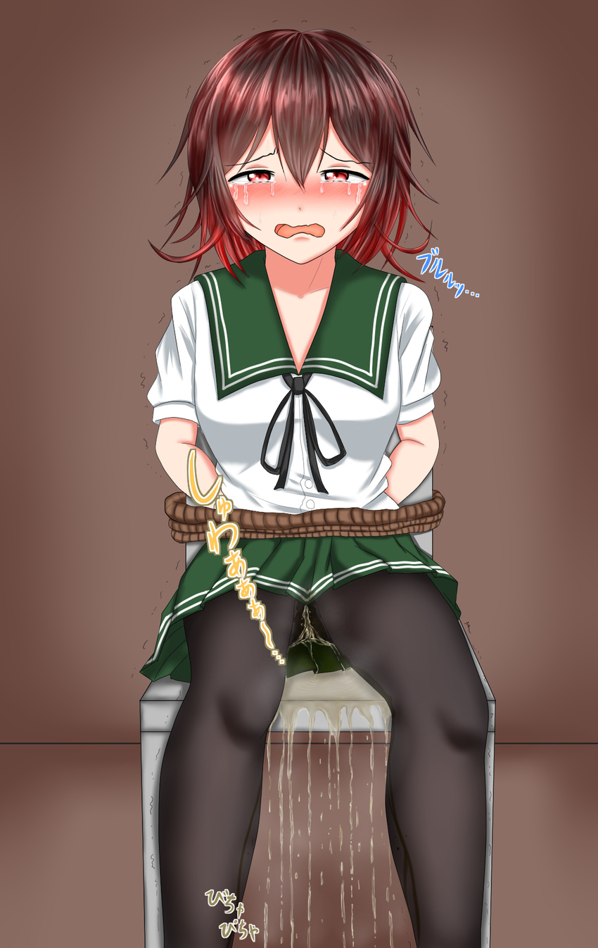 1girl arms_behind_back black_legwear black_ribbon blush bondage breasts brown_background brown_hair chair crying embarrassed eyebrows_visible_through_hair female gradient_hair green_sailor_collar green_skirt half-closed_eyes have_to_pee highres indoors kantai_collection looking_at_viewer multicolored_hair mutsuki_(kantai_collection) nabuki32 open_mouth pantyhose peeing peeing_self pleated_skirt red_eyes red_hair ribbon rope sailor_collar shirt short_hair short_sleeves simple_background sitting skirt solo tears text translation_request trembling wet_clothes white_shirt