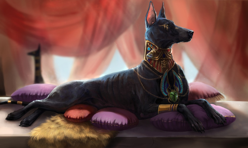 ambiguous_gender armor black_fur bracers canine chain collar drapery egyptian fur lying mammal pherigo pillow tail_ring tent