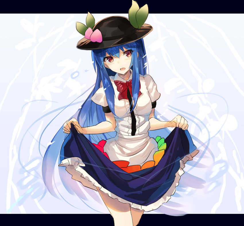 blue_hair blue_skirt bow bowtie breasts commentary cowboy_shot food fruit hat highres hinanawi_tenshi leaf letterboxed long_hair looking_at_viewer open_mouth peach petticoat puffy_short_sleeves puffy_sleeves red_bow red_eyes red_neckwear rin_falcon shirt short_sleeves sidelocks skirt skirt_lift small_breasts solo touhou very_long_hair white_shirt