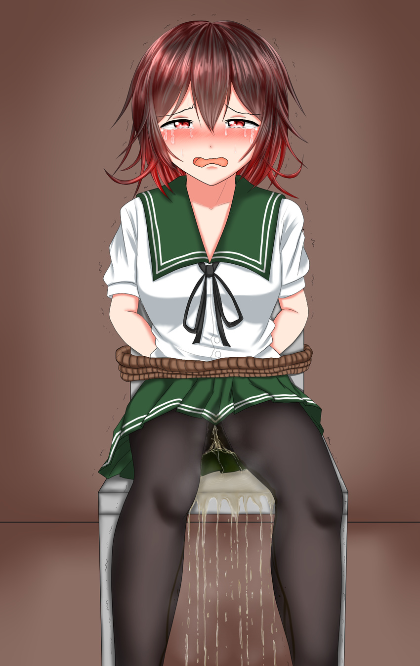 1girl arms_behind_back black_legwear black_ribbon blush bondage breasts brown_background brown_hair chair crying embarrassed eyebrows_visible_through_hair female gradient_hair green_sailor_collar green_skirt half-closed_eyes have_to_pee highres indoors kantai_collection looking_at_viewer multicolored_hair mutsuki_(kantai_collection) nabuki32 open_mouth pantyhose peeing peeing_self pleated_skirt red_eyes red_hair ribbon rope sailor_collar shirt short_hair short_sleeves simple_background sitting skirt solo tears trembling wet_clothes white_shirt