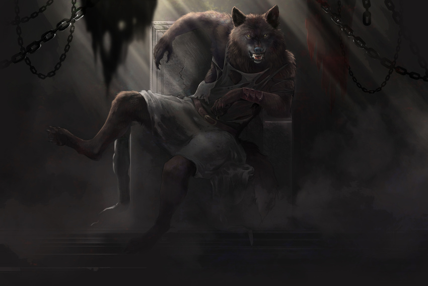 anthro belt brown_fur canine chain chair clothing dark_theme fangs fur lounging male mammal mist paws pherigo sitting throne torn_clothing tunic wolf