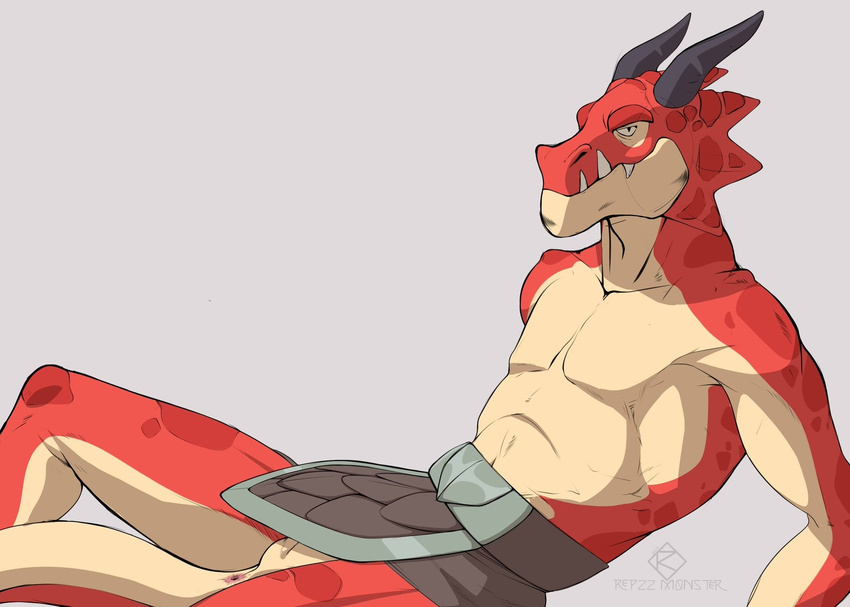 anthro anus armor black_horn brawlhalla clothing dragon draw_me_like_one_of_your_french_girls horn loincloth looking_at_viewer lying male ragnir_brawlhalla red_scales repzzmonster scales simple_background slim slit solo teeth