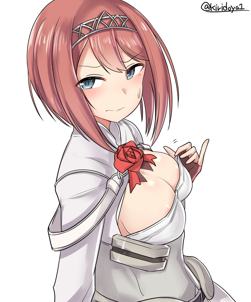 absurdres ark_royal_(kantai_collection) blue_eyes breasts brown_gloves cleavage corset fingerless_gloves gloves hairband highres jacket kantai_collection kiritto long_sleeves medium_breasts red_hair red_ribbon ribbon short_hair simple_background solo tiara twitter_username white_background white_corset white_jacket