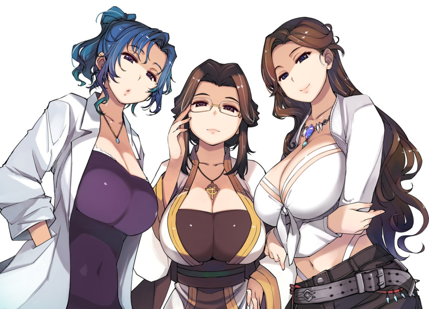 3girls adjusting_eyewear blue_eyes blue_hair breasts brown_hair character_request cleavage cross cross_necklace crossed_arms front-tie_top glasses hands_in_pockets huge_breasts jewelry labcoat long_hair looking_at_viewer mature multiple_girls necklace pendant purple_eyes ragnarok_online semi-rimless_eyewear short_ponytail under-rim_eyewear updo white_background xration